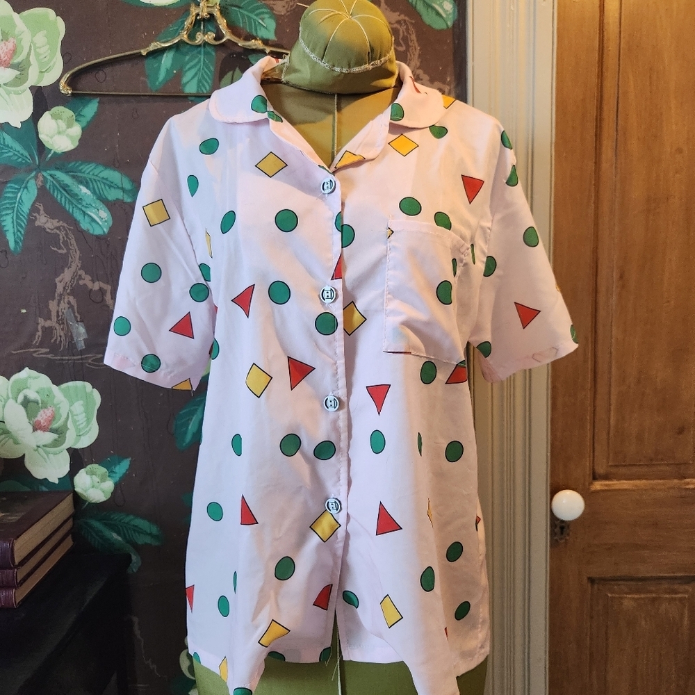 Vintage Geometric Print Button-Up Top | Retro 80s/90s Vibes